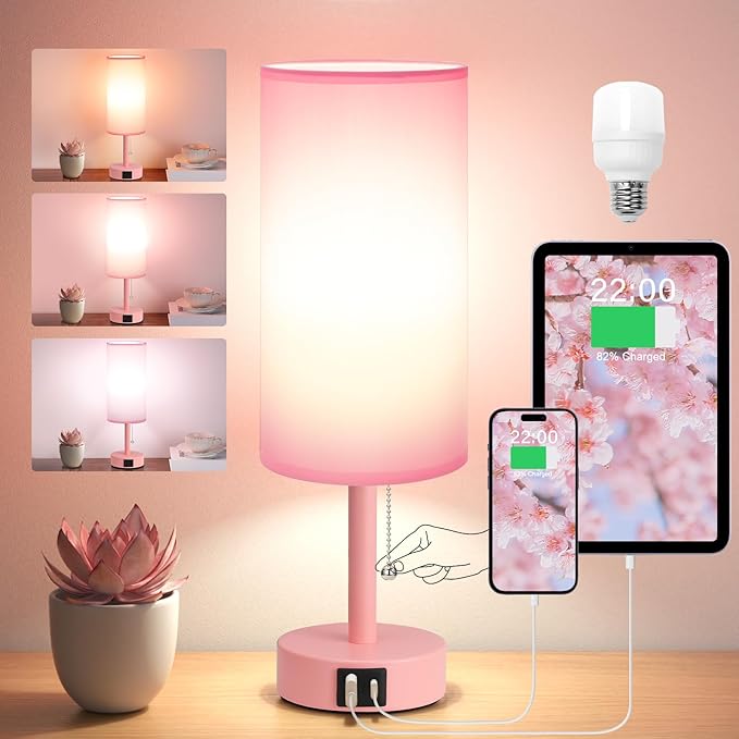 Hong-in Pink Table Lamp with USB-C and USB-A Charging Ports, Pull Chain, Nightstand Lamp for Bedrooms Living Room, LED Bulb Included