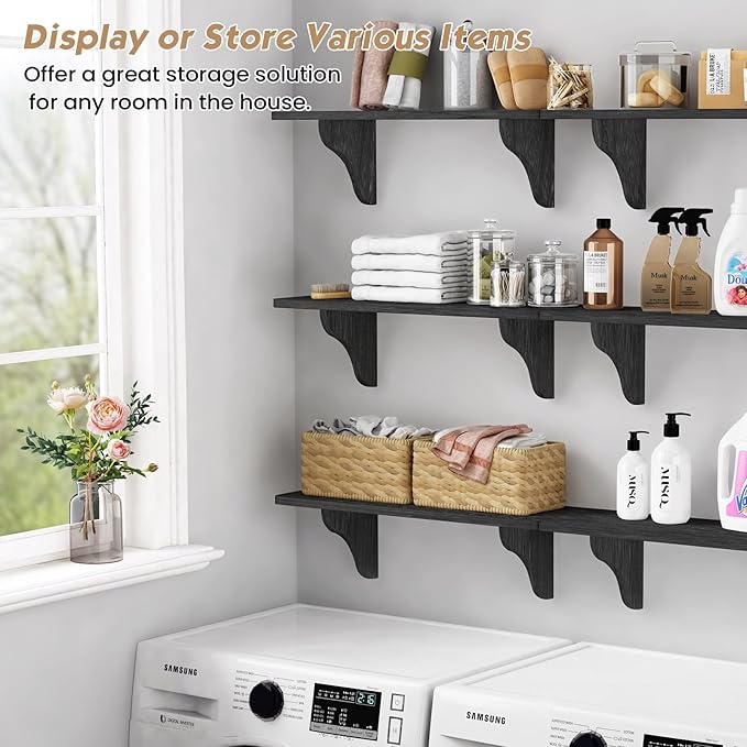 Forbena 24 Inch Black Floating Shelves for Living Room Decor, Decorative Large Arched Wall Shelves for Bedroom Bathroom, Aesthetic Hanging Bookshelf for Closet (Set of 3, Black)