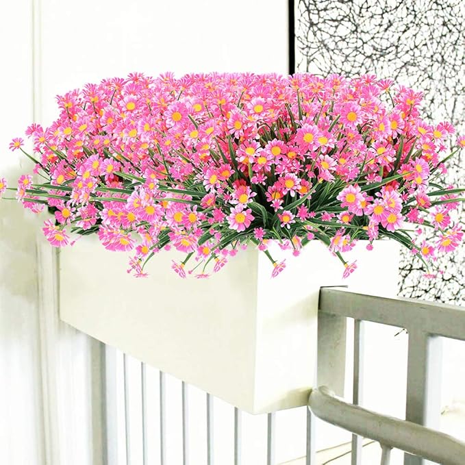 8 Bundles Artificial Daisies Flowers Outdoor UV Resistant Fake Foliage Greenery Faux Plants Shrubs Plastic Bushes for Window Box Hanging Planter Farmhouse Indoor Outside Decor(Pink)