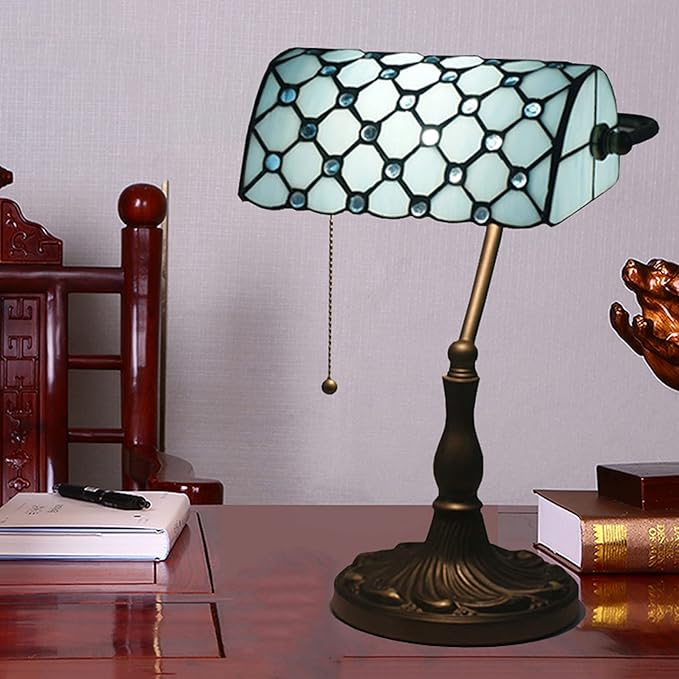 Tiffany Style Bankers Table Lamp Stained Glass Piano Desk Lamp Vintage Bedroom Bedside Lamp for Study,Antique Alloy Base,Zipper Switch,Blue a