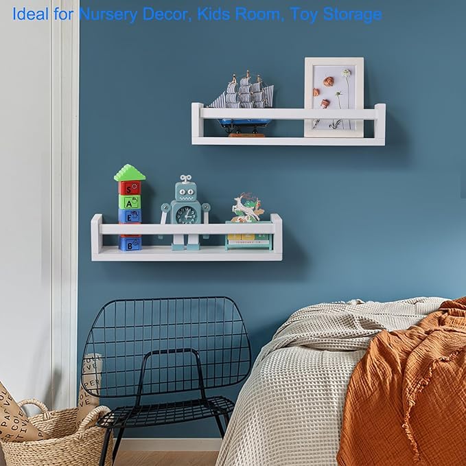 Nursery Book Shelves | Set of 2 Wood Floating Shelves for Kids Room, Kitchen Spice Rack, or Rustic Wall Mounted | Farmhouse Bathroom Décor (Rustic White)