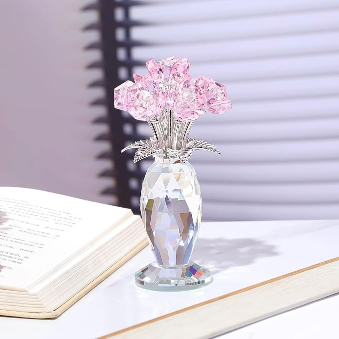 Crystal Pink Rose Bouquet Figurines Gifts for Women Romantic Flowers Ornament for Home Decor Anniversary Birthday Valentine's Day Presents for Girlfriend Wife Partner