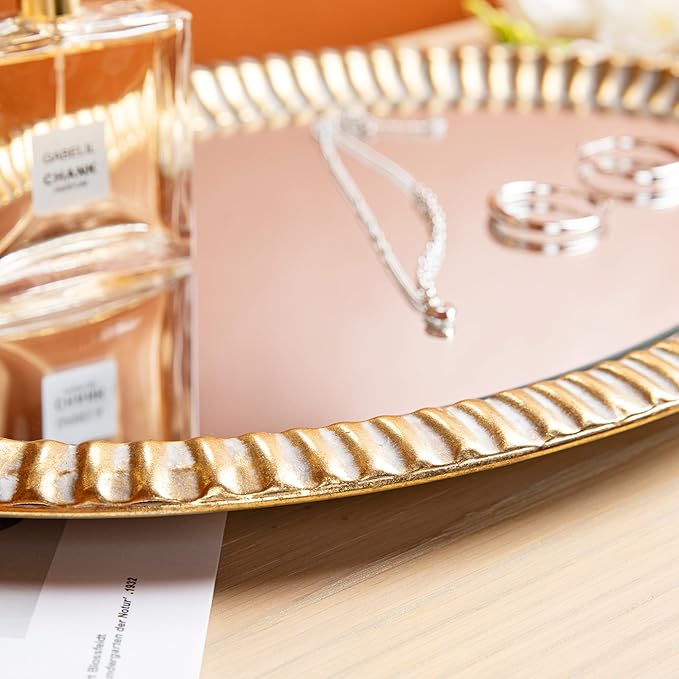 Glitzhome Set of 2 Oversized Vintage Gold Mirror Decorative Trays with Handles, Oval Metal Vanity Jewelry Tray Perfume Dresser Tray, Elegant Jewelry Organizer Makeup Trays