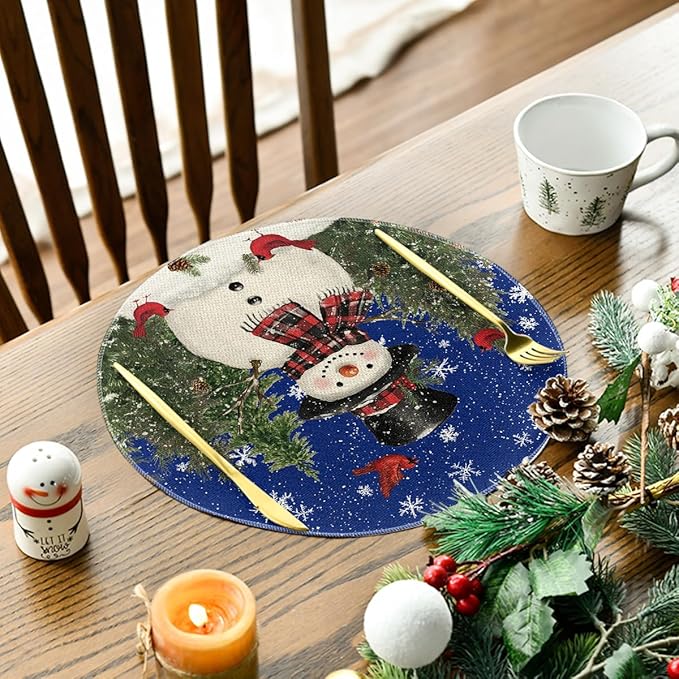 Artoid Mode Snowman Trees Snowflakes Blue Christmas Round Placemats Set of 4, 14 Inch Winter Round Table Mats for Dining Decoration