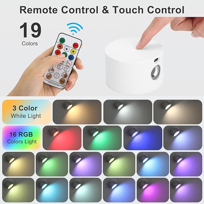Lightess 2PC LED Wall Sconces, 19 Colors Dimmable Wall Mounted Lamp with Rechargeable Battery Operated USB, 360°Rotate Magnetic Ball, Touch & Remote Control, Cordless Wall Light for Reading-White