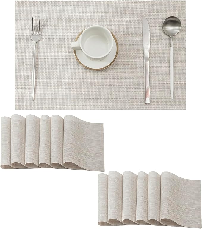 Leetaltree Beige White Placemats Set of 12 - Heat Resistant Non-Slip Place mats for Dining Table, Washable Durable PVC Vinyl Woven Table Mats(Beige White, 12)