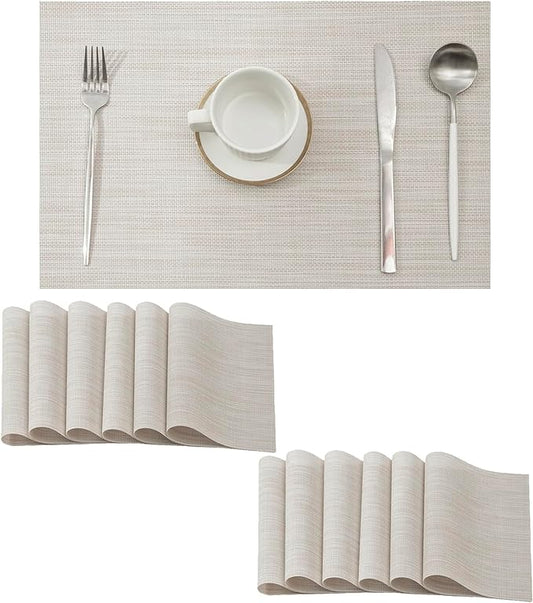 Leetaltree Beige White Placemats Set of 12 - Heat Resistant Non-Slip Place mats for Dining Table, Washable Durable PVC Vinyl Woven Table Mats(Beige White, 12)