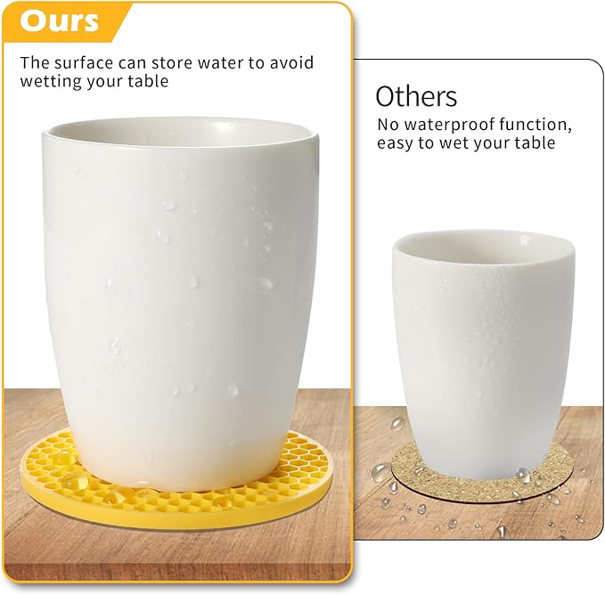 Coasters Set of 6 with Holder,Coasters for Drinks,Coffee Table Decor Coaster,Suitable for Kinds Cups,Anti-Slip,Non-Stick,Silicone Cup Coaster and Living Room Decor (6 Pcs, Yellow)