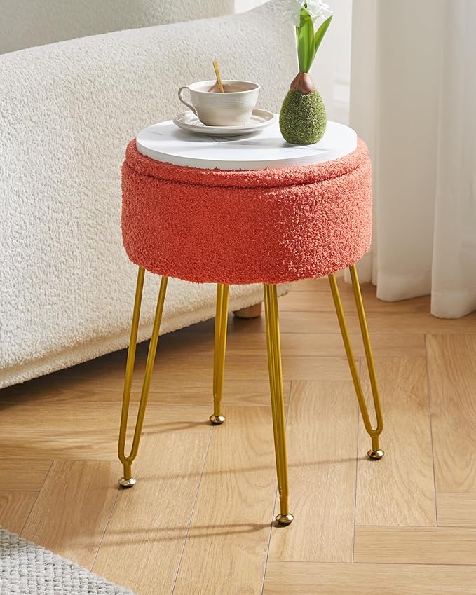 IBUYKE Teddy Velvet Storage Footrest Stool Ottoman, Makeup Vanity Stool Side Table with Removable Cover, Golden Steel Legs, Coffee Table Top Cover, Orange WBD010J