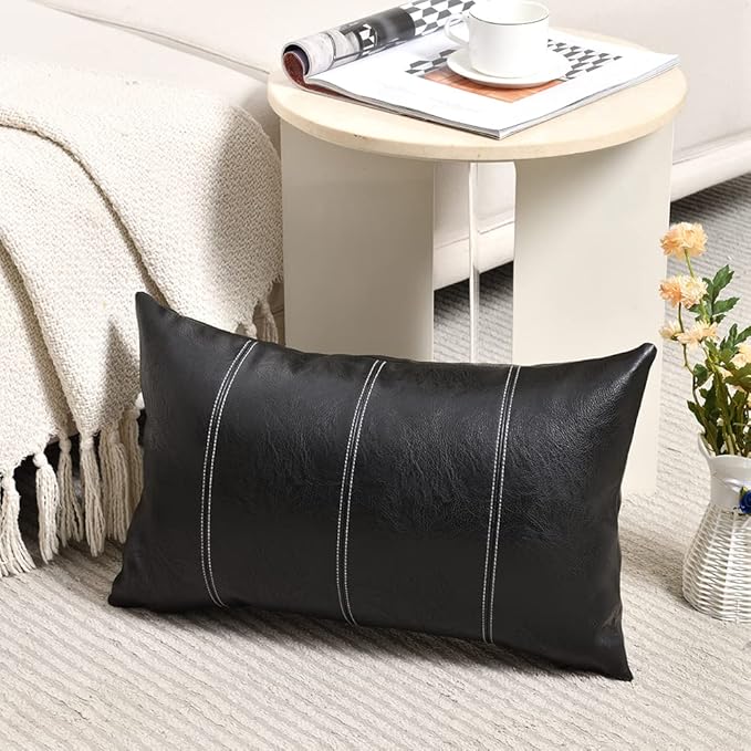 Fancy Homi 2 Packs Black Lumbar Faux Leather Decorative Throw Pillow Covers 12x20 Inch for Living Room Couch Bed Sofa, Boho Farmhouse Home Decor, Hand Stitched Rectangle Cushion Case 30x50 cm