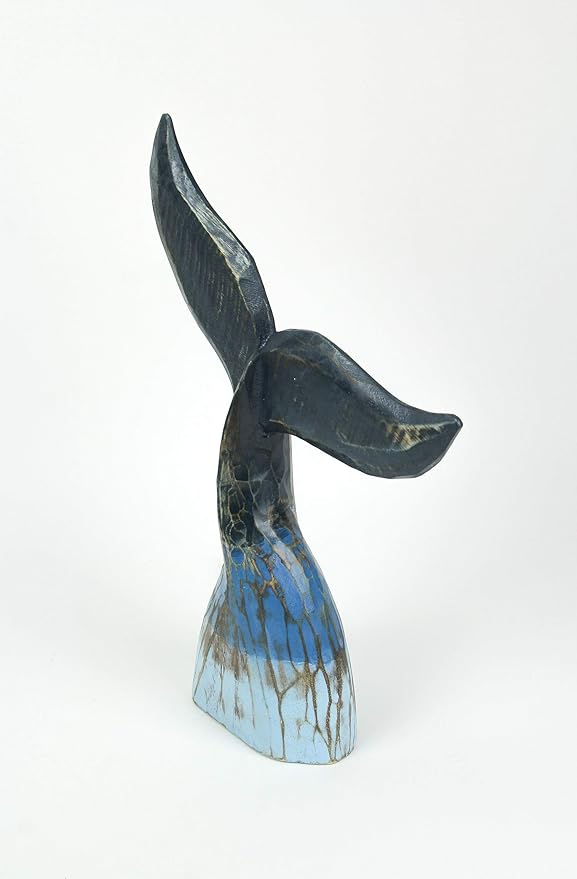 Exquisite Coastal Blue Carved Wooden Whale Tail Sculpture - 16-Inch High Tabletop Statue Ideal for Nautical Home Decor, Beach Houses, and Coastal-Themed Spaces