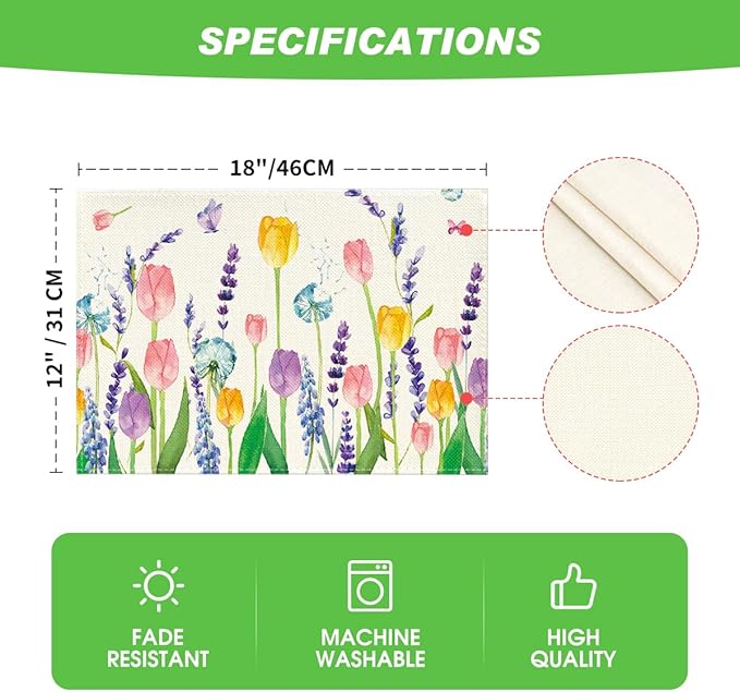 Artoid Mode Lavender Tulip Spring Placemats for Dining Table, 12 x 18 Inch Summer Seasonal Holiday Decoration Rustic Vintage Washable Table Mats Set of 6