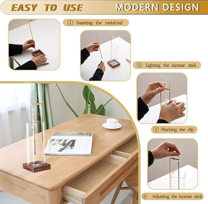 Incense Holder,2 Pack Wood Incense Holder for Sticks with Glass Ash Catcher,Incense Burner for Meditation Yoga Spa Room Decor
