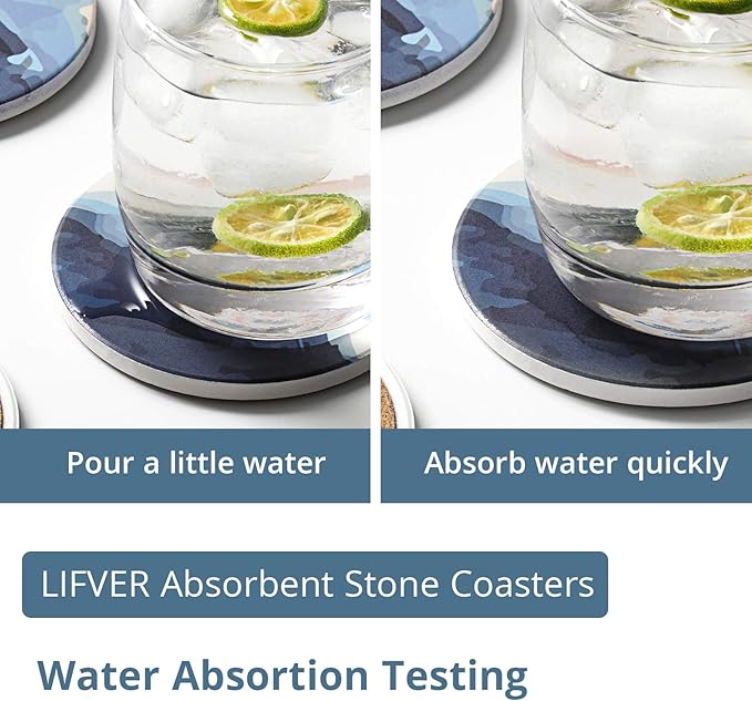 LIFVER Coasters Set of 6 Absorbent Drink Coasters with Holder, Watercolor Marble Sandstone Style Ceramic Cup Mat for Home Decor Coffee Table Protection, 4 Inches
