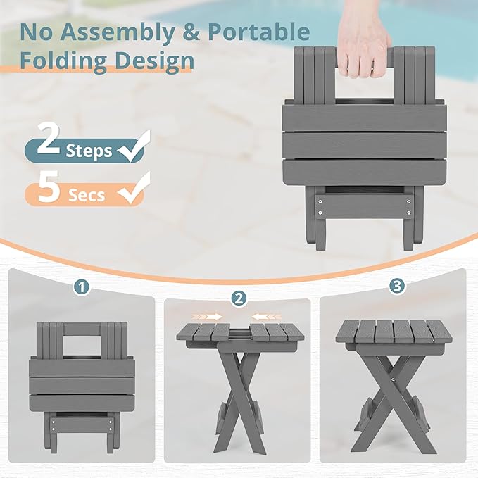 LUE BONA Small Outdoor Folding Side Table, HDPS Outside End Table for Patio, Porch, Deck, Pool, 14 Inch Height, Netural Grey