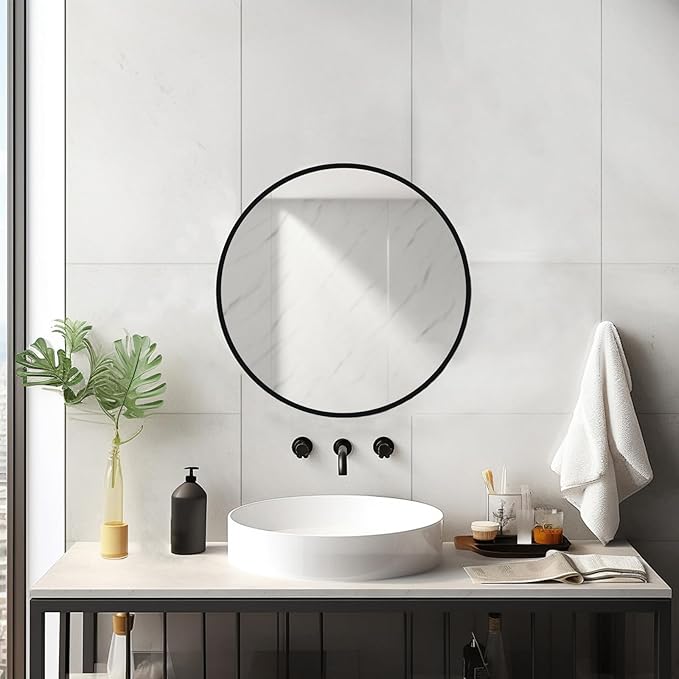 18 inch Round Mirror, Round Wall Mirror, Metal Frame Black Circle Mirror, Black Round Mirrors for Wall, Bathroom, Bedroom, Vanity, Hallway.