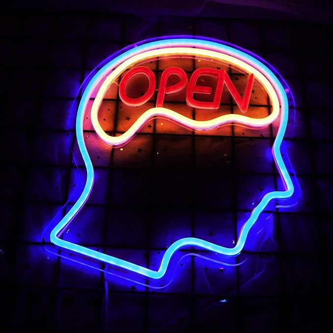 JFLLamp Open Mind Brain Neon Signs for Wall Decor Neon Lights for Bedroom Suitable for Man Cave Bar Pub Office School Christmas Birthday Party 5V Power Adapter, 14.1 * 12.2 Inch(Blue+Warm White+Red)