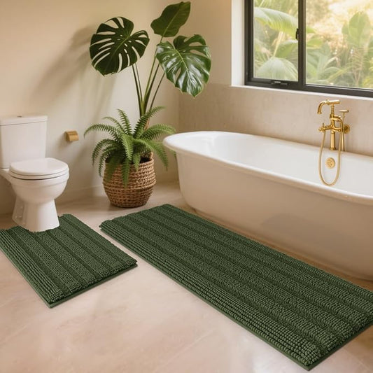 ACCUMTEK Striped Olive Green Toilet Bathroom Rug Mat Set 2 Piece Rug Ultra Soft, Non Slip Chenille Bath Rugs, Absorbent Plush Shaggy Bath Mats for Bathroom, Bedroom, Kitchen, Shower, Tub