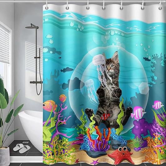 AILONEN Funny Cat Shower Curtain for Bathroom, Ocean Animal Print Shower Curtain, 72" W*72" H Waterproof Polyester Cat Lover Shower Curtain Decor Bathroom with Grommets and Hooks