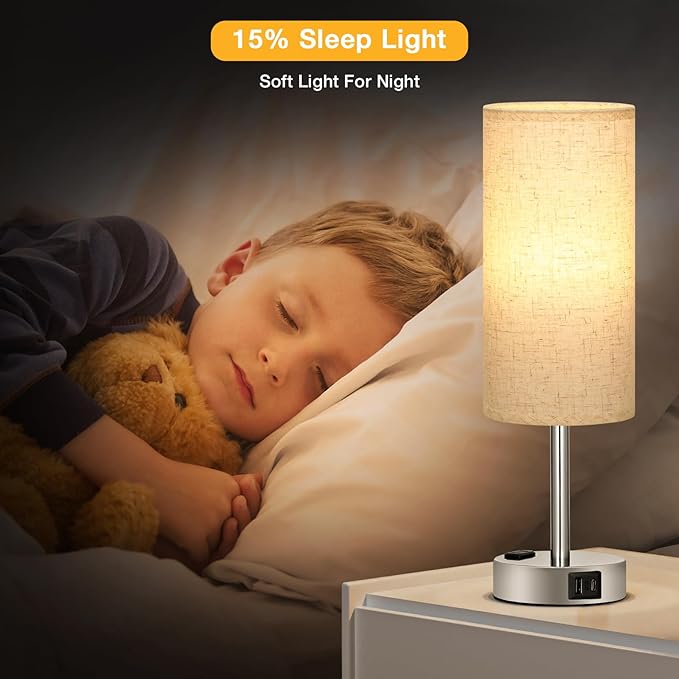 Light Beige Touch Nightstand Lamps Set of 2-3 Way Dimmable Bedside Table Lamps for Bedroom with USB C and A Ports, Small Desk Lamps with AC Outlet for Kids Dorm Nursery