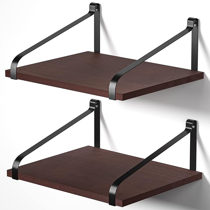 Love-KANKEI Floating Wall Shelves Mount Solid Wood with Enough Storage L16.5 x W12 inch for Kitchen Living Room Bathroom Bedroom Set of 2 Dark Walnut