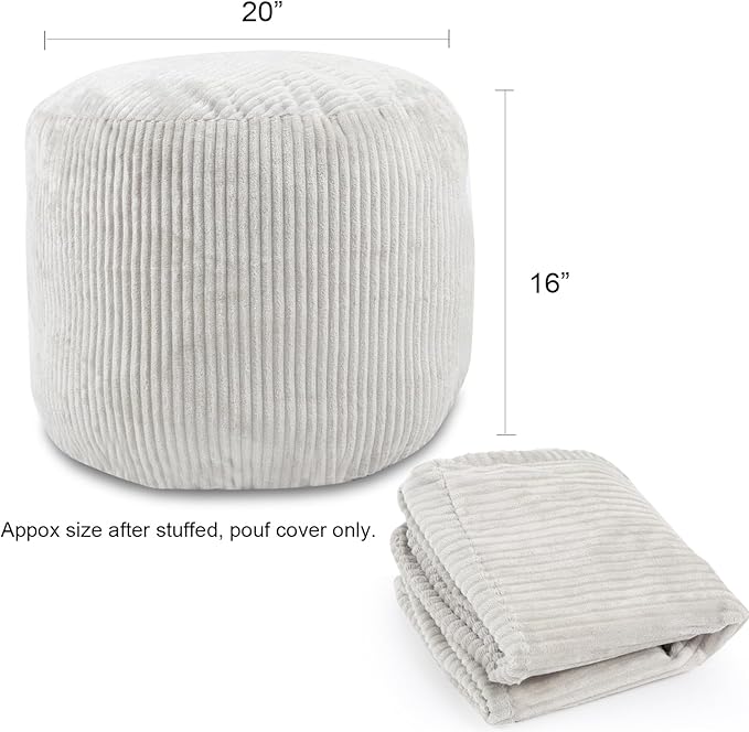 Sexysamba Round Corduroy Pouf Cover Only, 20"x 16" Unstuffed Decorative Ottoman Foot Stool Rest, Washable Storage Bean Bag Chair Floor Pouf Covers for Living Room Bedroom, Grey