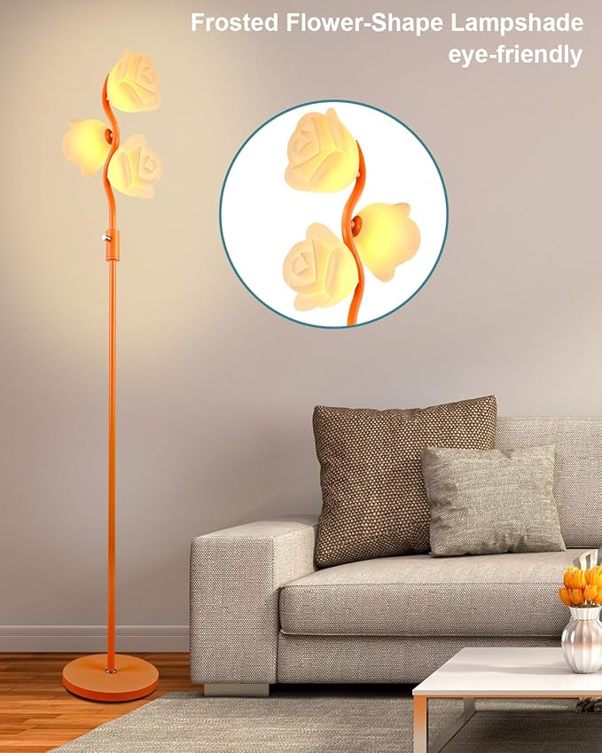 Orange Floral Floor Lamp, Dimmable Mid Century Modern Standing Lamps with 3 Warm White 3000K Bulbs, Cute Flower Floor Lamp for Living Room Bedroom Home Decor