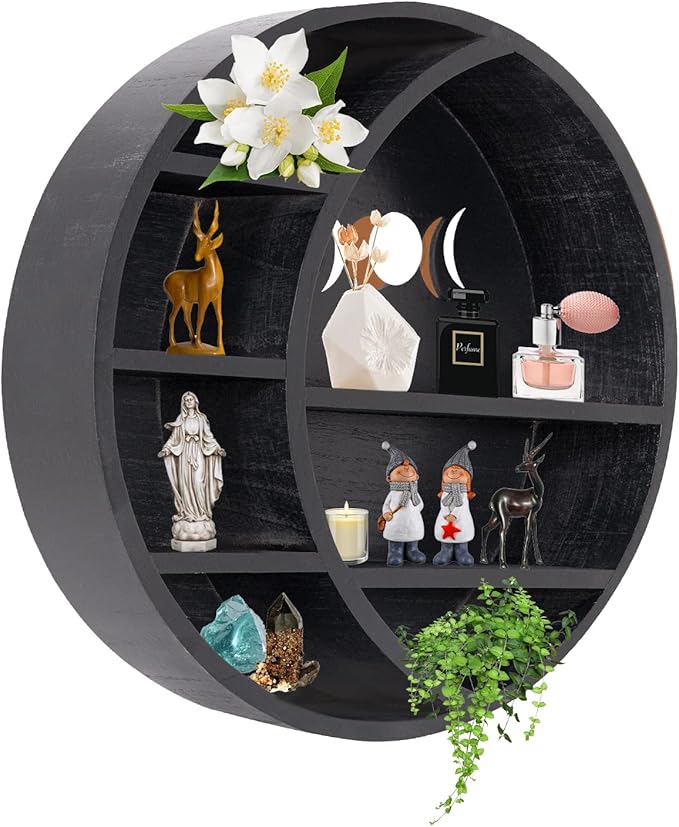 Myuilor Wooden Moon Shelf, 15.75Inch Crescent Moon Shelf for Crystals, Stones & Essential Oils, Crystal Shelf Display Pine Floating Circle Shelf, Crystal Moon Shelves