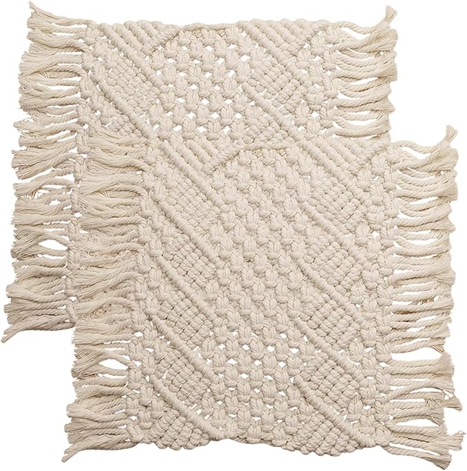 Handmade Cotton Woven Crochet Placemat with Tassels, 10 x12 Inches Small Place Mat for Bohemian Wedding Décor, Boho Table Mat for Farmhouse, Rustic Décor for Dining Table, Beige