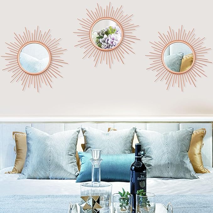 3 Pack Metal Mirrors for Wall Sunburst Wall Mirrors Home Décor Decorative Hanging Wall Art for Living Room Bedroom Entryway (Rose Gold, Sunburst)