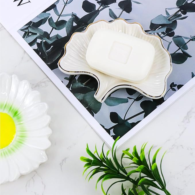 Ginkgo Leaf Style Ceramic Self Draining Soap Dish Waterfall Soap Dish Soap Savers for Bathroom,Shower,Bar Counter