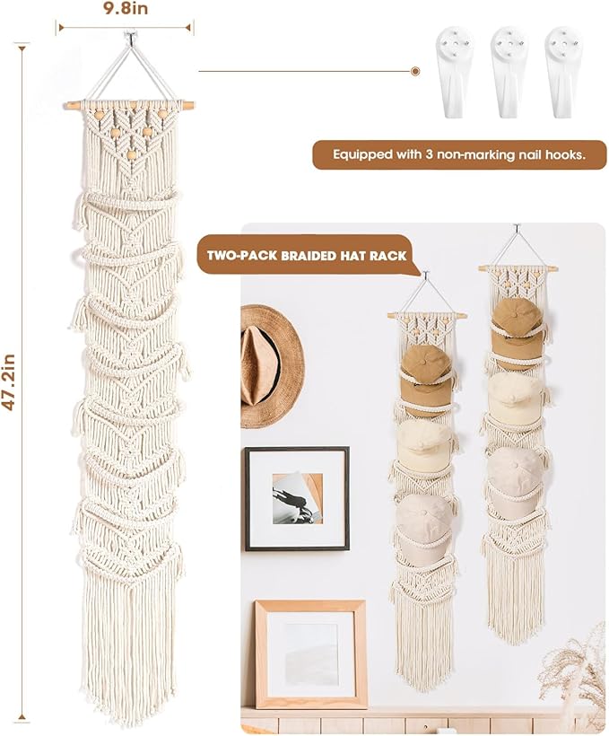 AceList 2-Pack Organizer for Baseball Caps, Macrame Hat Hangers for Wall and Door, Boho Hat Rack with Macrame Wall Decor - Effortless Storage and Display of Hats (Up to 32 Caps)