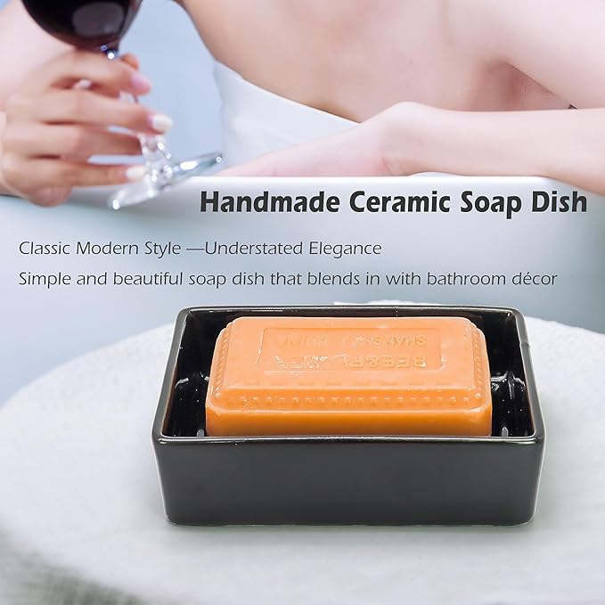 Soap Dish for Shower, Rectangle Ceramic Soap Dishes, Classic Modern Style soap Dish adds Beauty and enhances The Premium Look of The Bathroom, Non-Slip Ceramic Soap Holder(Black)