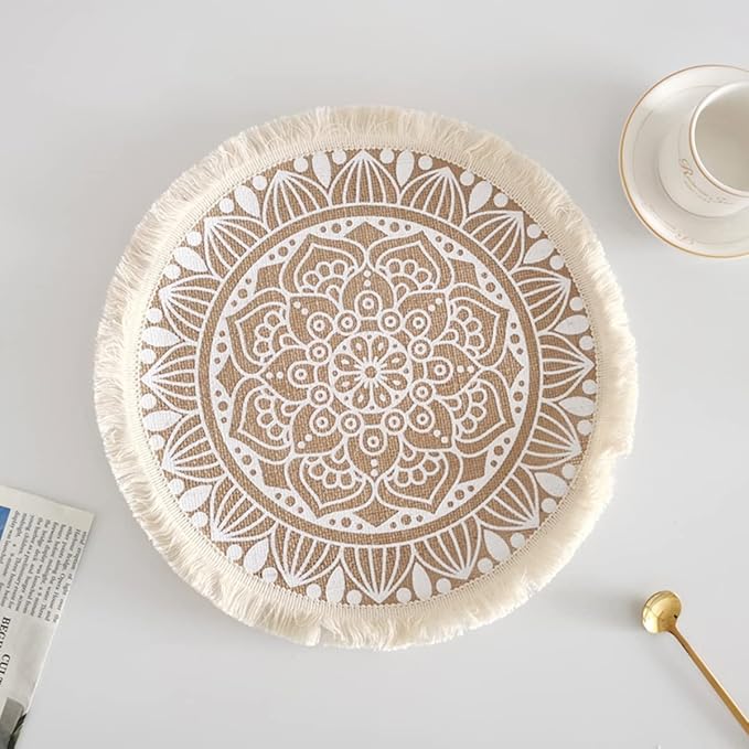 Kitchen Table Placemats Set of 6 with,Round HandmadeWoven Fringe Placemat,for Dining Room, Kitchen, Place Mats for Parties,Use-Size 13×13 Inches