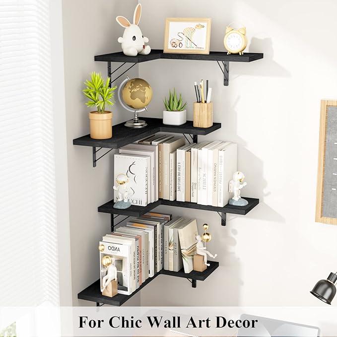 Love-KANKEI Corner Shelf Wall Mounted,Floating Wall Shelves for Storage,Rustic Wood Hanging Shelves for Display,Bathroom Kitchen Bedroom Living Room,Set of 4,Black