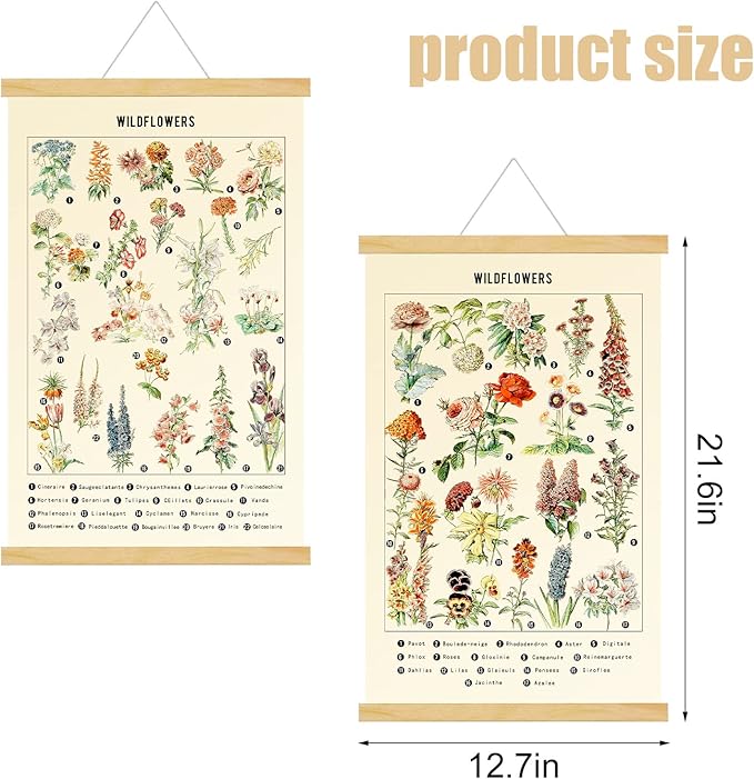 Chenkaiyang 2 Pcs Vintage Poster Hanging,Flowers Wall Hanging Botanical Rustic Retro Colorful Wall Art Prints Flower Chart Posterfor Living Room Bedroom Office Play Room Decor,12.7 X 21.6 Inch