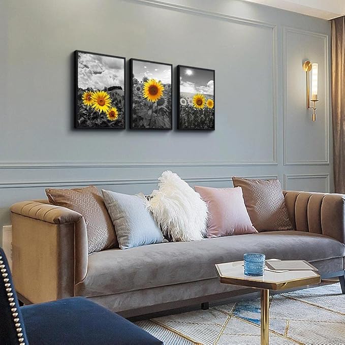Black Framed Wall Art For Living Room Wall Decor For Bedroom Sunflower Flowers Wall Paintings Room Decor Black And White Pictures Artwork Kitchen Home Decoration Set of 3 Piece Framed Art Prints