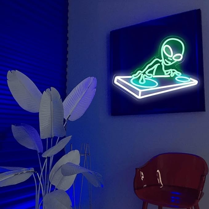 Alien DJ Neon Sign DJ Gifts for Men Cave Cool LED Neon Light for Music Bar Wall Decor Dimmable LED Signs for Game Room Bedroom Decor Bar Music Concert Wall Art 15.7 * 12.6IN
