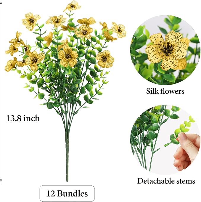 Artificial Flowers Outdoor Faux Plants UV Resistant 12 Bundles Fake Patio Flowers Plastic Greenery Plnats Outside Bulk for Spring Garden Hanging Planter Home Vase Decor, Yellow