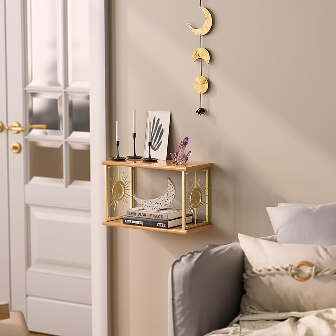 Floating Nightstand Wall Mounted - Natural Solid Wood Night Stand, Bedside Table 2 Tier Shelf, Modern Metal Celestial Side Floating Shelves Decor for Living Room Bedroom