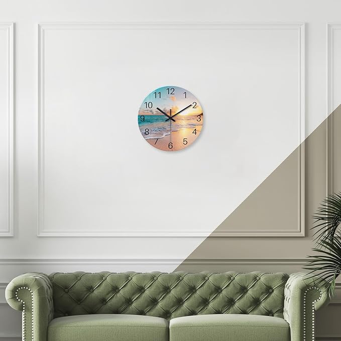 Analog Round Wall Clock for Living Room Decor Glass Blue Wall Clock Silent Beach Coastal Wall Clock Battery Operated 14 Inch