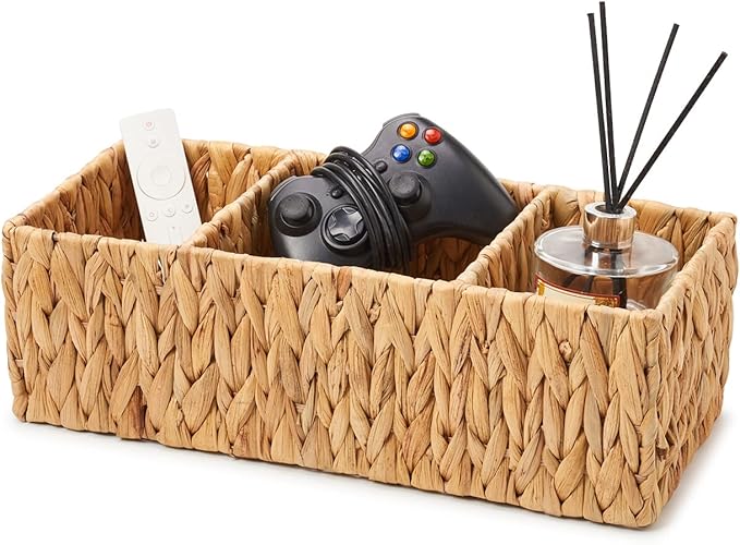 EZOWare 3 Section Natural Water Hyacinth Storage Baskets, Woven Wicker Divided Organizer Bin for Organizing Bathroom, Toilet Tank Top, Vanity Countertop, Kitchen Pantry - Set of 2