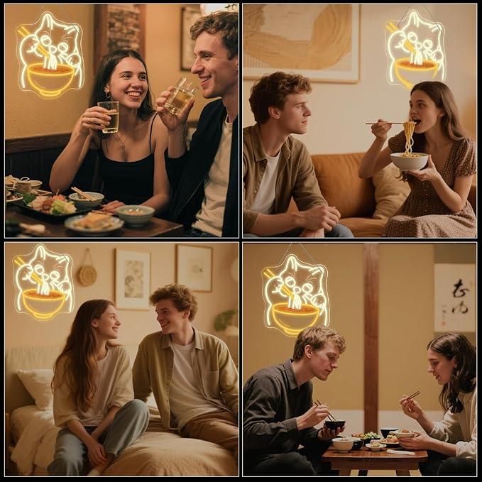 Ramen Cat Neon Sign Wall Decor, Cat Noodles Led Food Sign Dimmable Noodle Anime Fortune Cat Light Up Suitable For Baby Girls Room Japanese Resturant Home Bar Kitchen Dinning Bedroom Art Decor Gifts