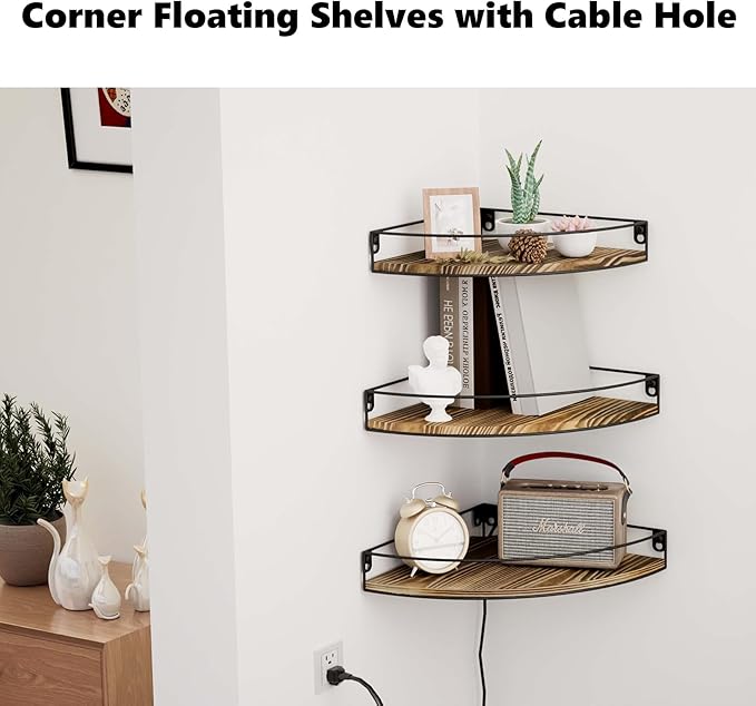 Corner Shelf Wall Mounted, Corner Floating Shelves for Wall, Wood Storage with Cable Hole for Kitchen Living Room Bedroom Bathroom, Dark Brown Set of 3