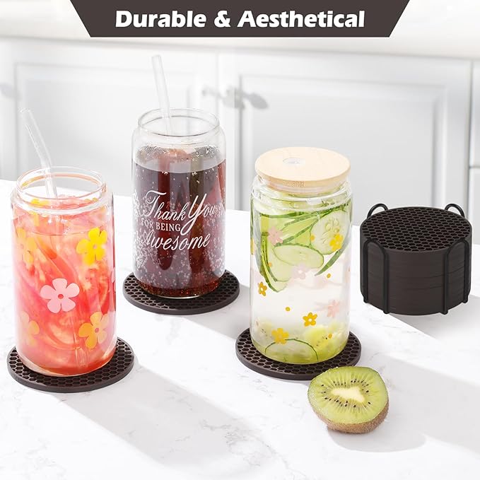 Coasters Set of 6 with Holder,Coasters for Drinks,Coffee Table Decor Coaster,Suitable for Kinds Cups,Anti-Slip,Non-Stick,Silicone Cup Coaster and Living Room Decor (6 Pcs, Coffee)