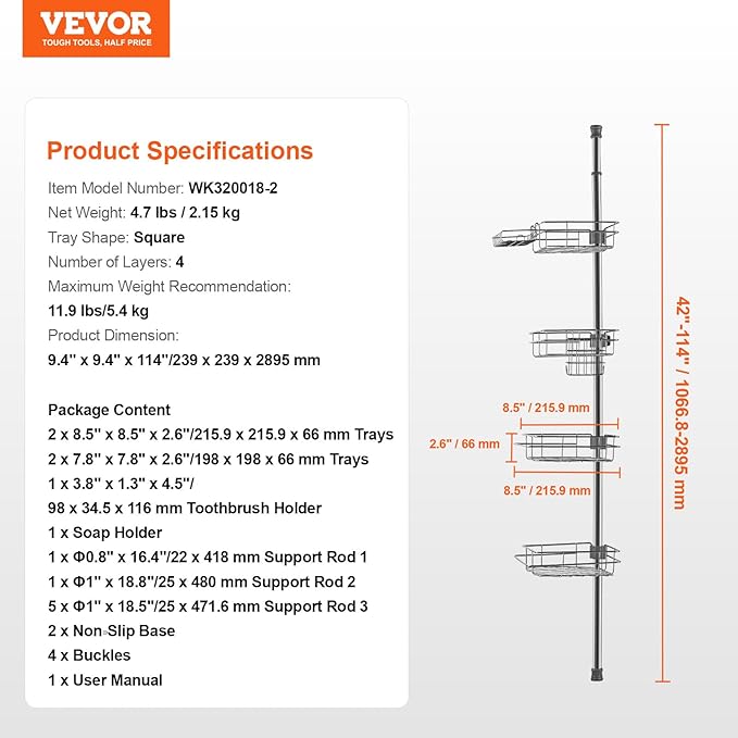 VEVOR Shower Corner Caddy Tension Pole, 42" to 114" High, Multi-Functional Shower Tension Pole with Strong Load-Bearing Tray, Rust-Proof Easy-to-Install, Fit for Bathroom & Washroom