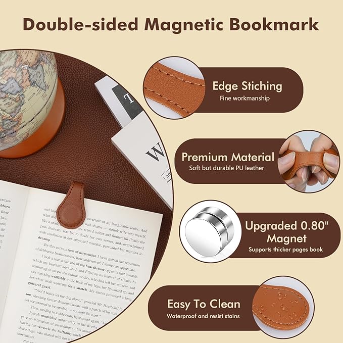 Leezmark 4 Pcs Magnetic Leather Bookmarks, Classic Stitched Bookmark Page Markers Reading Gifts for Book Lovers, Readers, Teachers, Leather Book Marks for Men Women