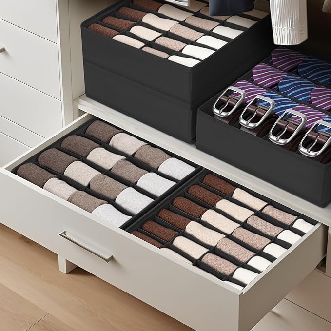 Joyoldelf Drawer Organizer 2 Pack - 40 Cell Closet Organizer for Socks, Underwear, Ties & More (Black)