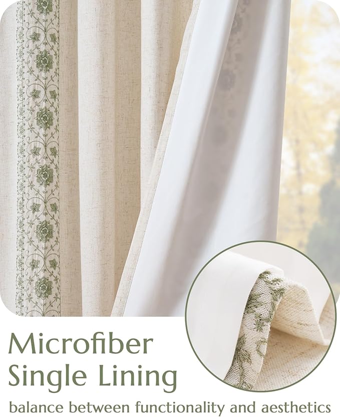 jinchan Boho Lined Linen Curtains for Bedroom Sage Green Vintage Floral Farmhouse Curtains 63 Inch Length Linen Blend Drapes for Living Room Embroidered Drapes Sage on Beige 2 Panels