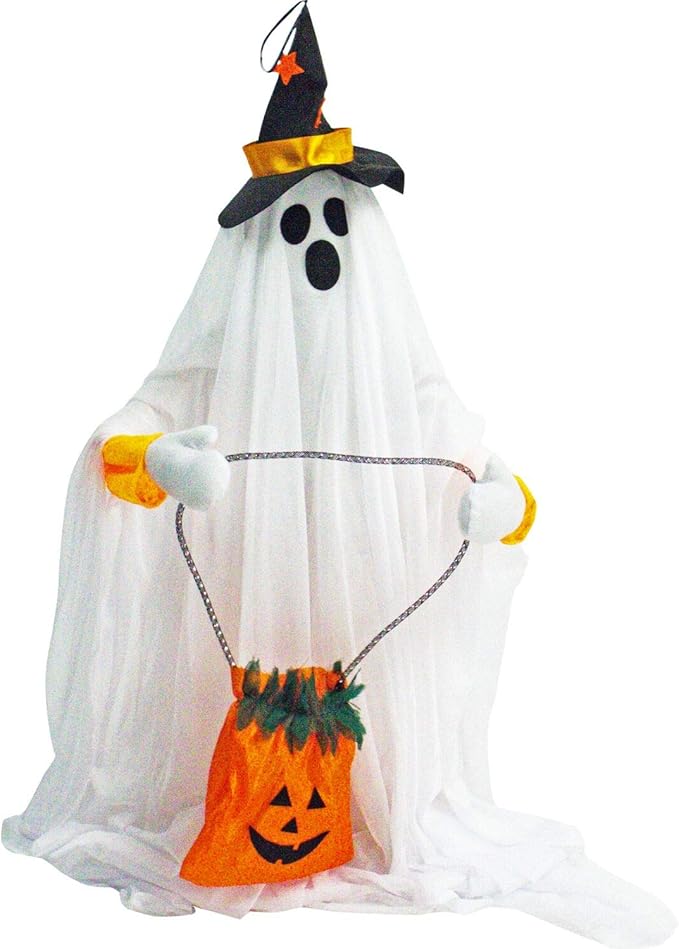Haunted Hill Farm Friendly Ghost Halloween Animatronic with Touch Activated Lights and Music, Battery Operated Indoor or Covered Outdoor Halloween Decorations, Cute and Modern Halloween Props for Home
